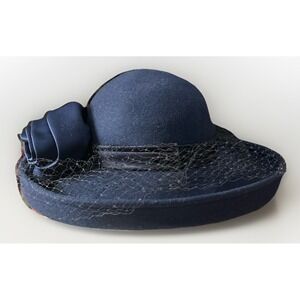 Vintage Navy Blue Wool Felt Cloche Hat w/ Satin Rose & Veil 1960s Georgi